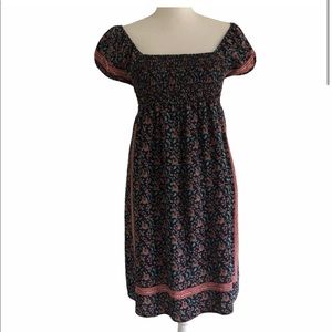 Silk Floral Print Smocked Bodice Dress M